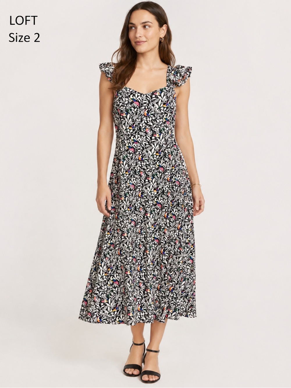 LOFT Floral Bird Print Maxi Dress Size 2 Black White Sleeveless Midi Dress